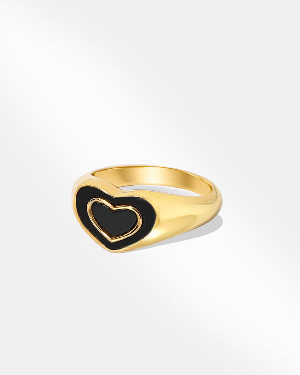 18k Gold Plated Black Heart Signet Ring